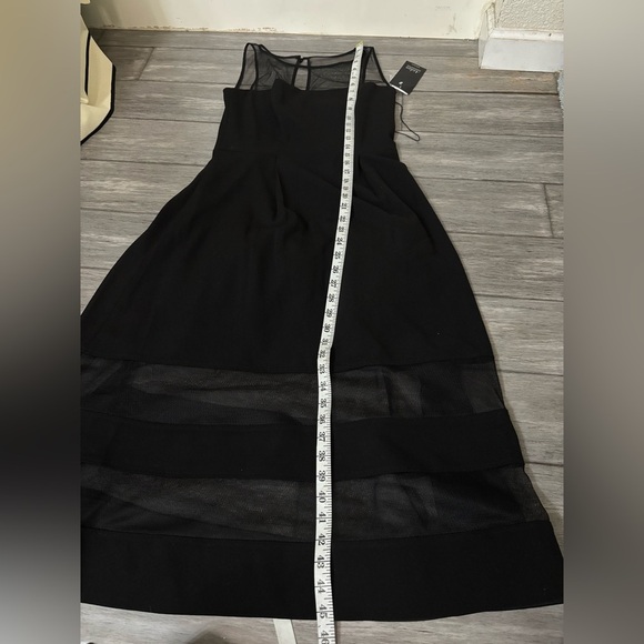 Aidan Mattox Black Mesh Stripe Midi Dress Fit & Flare Illusion Neckline Cocktail - Picture 12 of 15